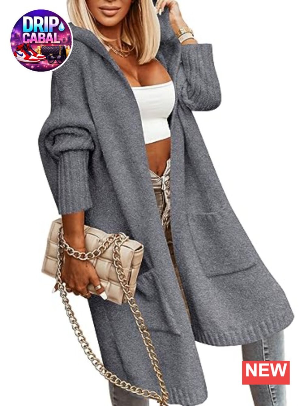 Cable Knit Long Cardigan Open Front Hooded Oversized Sweater Coat with Pockets